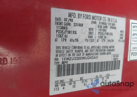 1998 Ford Explorer Eddie Bauer/Limited/Xl/Xlt z USA, uszkodzony, nr VIN 1FMZU32E0WUD02441